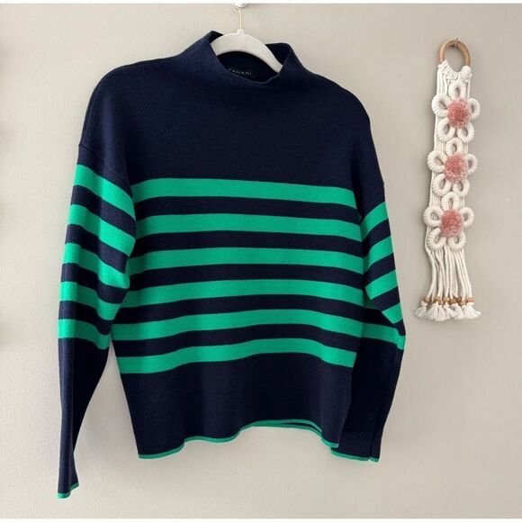 Tahari Striped Mock Neck Pullover‎ Sweater Green Navy Blue Stylish Size Large - Picture 4 of 6